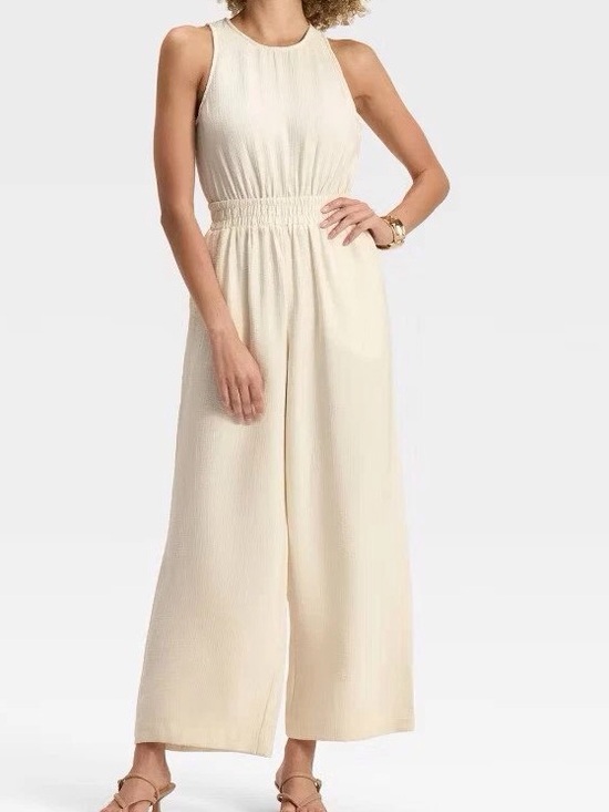 Pants - Sleeveless Cream Wide-Leg Jumpsuit with Elastic Waist